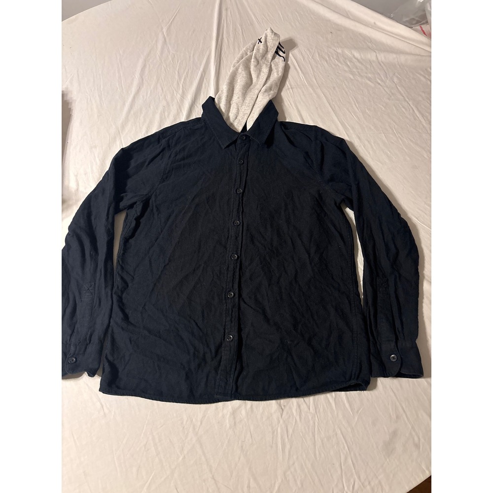 Hollister Hooded Button Down Shirt Mens Medium Navy Blue  Layered‎ Long Sleeve